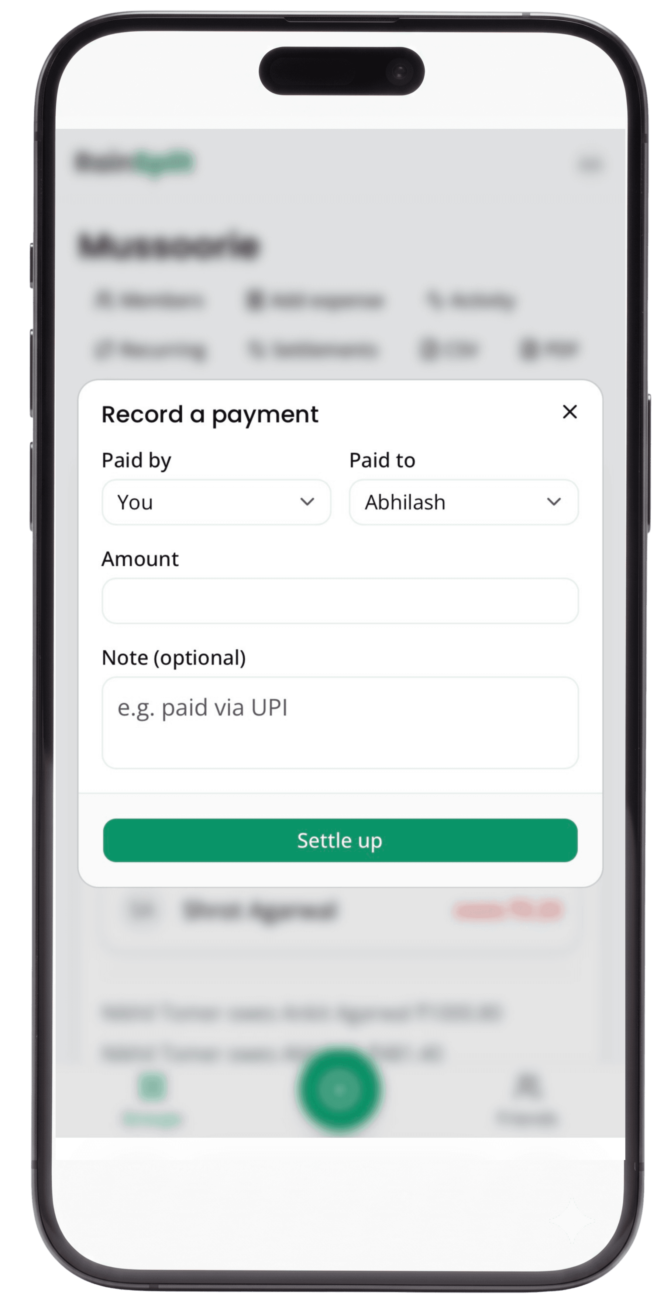 RainSplit record a payment dialog with paid by, paid to, amount and an optional note